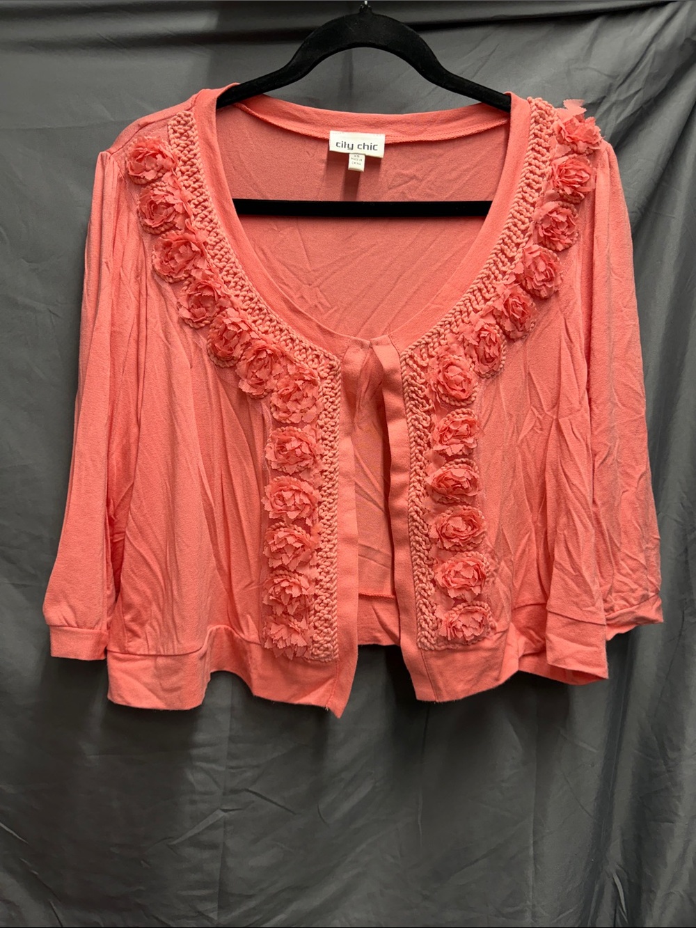City Chic Coral Floral-Trim Tie-Front Cardigan